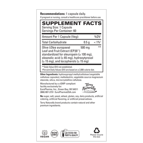 Terry Naturally Olive Extract EP20 - Brain Health Support Supplement with Olive Leaf Extract - Herbal Supplement to Aid Healthy Immune System Function - 60 Capsules