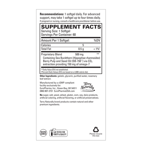 Terry Naturally Omega-7 Dry Eye Relief - Eye Health Supplement with Buckthorn Seed Oil - Dietary Supplement to Aid Dry Eye Relief - 60 Softgels