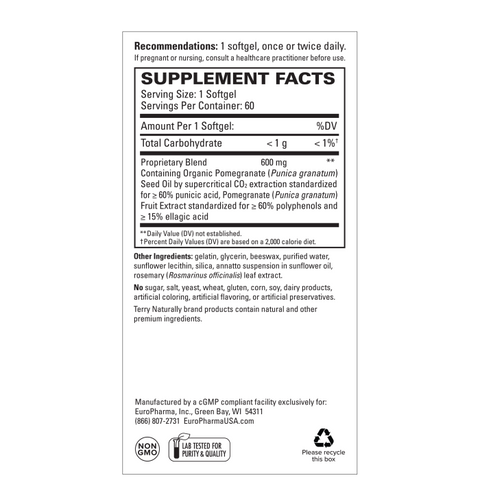 Terry Naturally Pomegranate Seed Oil - Dietary Supplement to Support Cardiovascular Health - Herbal Non-GMO Supplement with Omega-5 & Pomegranate Extract - 60 Softgels
