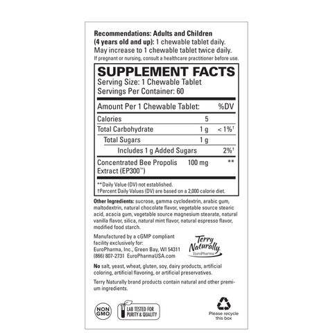 Terry Naturally Propolis Extract EP300 - Upper Respiratory & Immune System Support Supplement - Non-GMO with Bee Propolis Extract - Child & Adult Supplement - 60 Chewable Tablets