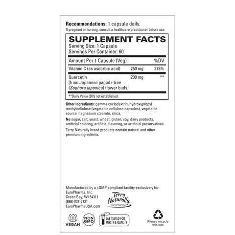 Terry Naturally Quercetin with Vitamin C Enhanced Absorption - Quercetin Supplement for Immune Support & Cellular Health - Respiratory Supplement for Sinus & Lung Health - 60 Capsules