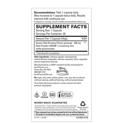 Terry Naturally HRG80 Red Ginseng Energy - Supplement to Support Healthy Energy & Focus - Herbal Supplement with Korean Red Ginseng Root Powder - Vegan Tablets to Aid Healthy Endurance • 7X Stronger - 30 Capsules