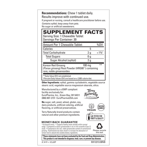 Terry Naturally HRG80 Red Ginseng Energy - Support Healthy Energy & Focus - Herbal Supplement with Korean Red Ginseng Root Powder - Vegan Tablets to Aid Healthy Endurance • 7X Stronger - 30 Chewable Tablets