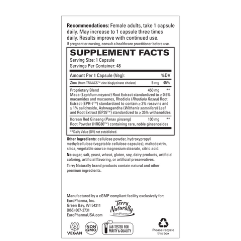 Terry Naturally HRG80 Red Ginseng Female Sexual Enhancement - Dietary Supplement for Circulation, Endurance & Energy Support - Vitality Support with Ashwagandha, Red Ginseng & Zinc - 48 Capsules