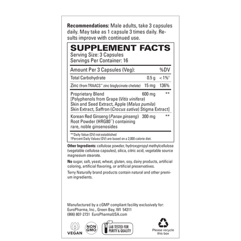 Terry Naturally Male Sexual Health - Dietary Supplement to Support Healthy Blood Flow & Circulation - Herbal Supplement with Korean Red Ginseng - Supplement for Men to Aid Healthy Energy - 48 Capsules