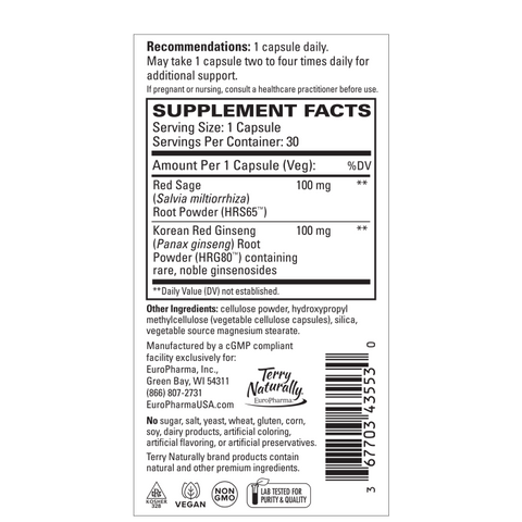 Terry Naturally Red Sage Plus - Herbal Supplement with HRG80 Red Ginseng - Muscle Energy Support for Heart Health - Aids Blood Flow & Circulation - 30 Capsules
