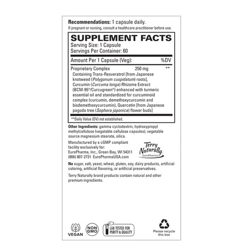 Terry Naturally Resveratrol Complex - Antioxidant Supplement with Quercetin & Curcumin - Supports Brain, Heart & Immune Health - Vegan, Non-GMO & Gluten-Free - 60 Capsules (60 Servings)