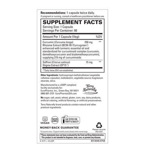 Terry Naturally Saffron Lift + Curcumin - Herbal Supplement with Curcumin - Non-GMO Saffron & Brain Curcumin Capsules - Concentration & Relaxation Support Supplement