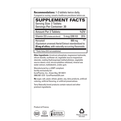 Terry Naturally Silica-20 - Support Hair Growth & Nail Strength - Collagen Supplement to Aid Bone Density & Strength - Skincare Supplement to Support Skin, Nail & Bone Health - 60 Tablets