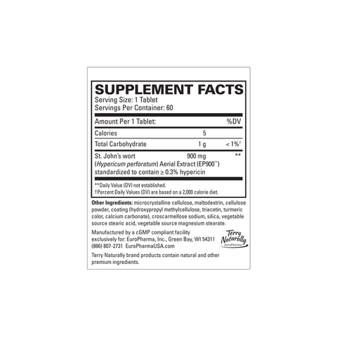 Terry Naturally St John's Wort 900-60 Tablets - Provides Full Clinical Dose - Non-GMO, Vegan, Gluten Free - 60 Servings