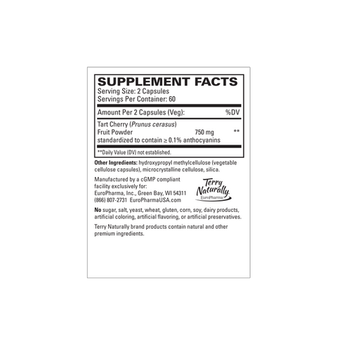 Terry Naturally Tart Cherry - Antioxidant Supplement to Support Healthy Uric Acid Balance & Joint Health - Nutritional Supplement - Dietary Supplement to Aid Recovery After Exercise - 120 Capsules
