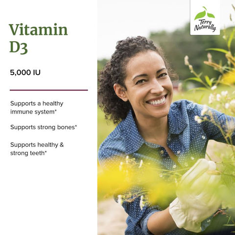 Terry Naturally Vitamin D3 - Bone Health & Bone Strength Support Supplement - Immune System & Brain Support - 5,000 IU Vitamin D Tablets with Mixed Berry Flavor - 90 Chewable Tablets
