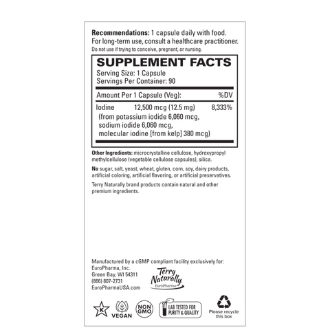 Terry Naturally Tri-Iodine - Dietary Supplement for Breast & Prostate Health Support - Healthy Thyroid Function Supplement Aid - 12.5mg, 180 Capsules