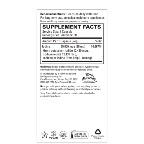 Terry Naturally Tri-Iodine® 25 mg - Dietary Supplement for Breast & Prostate Health Support - Healthy Thyroid Function Supplement Aid -60 Capsules