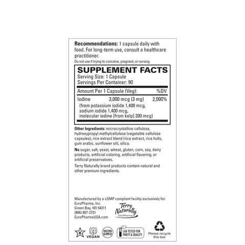 Terry Naturally Tri-Iodine - Dietary Supplement for Breast & Prostate Health Support - Healthy Thyroid Function Supplement Aid - 3 mg, 90 Capsules