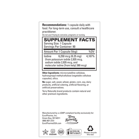 Terry Naturally Tri-Iodine - Support Thyroid Health - Aids Hormone Balance with Molecular Iodine from Kelp - Features Potassium Iodide & Sodium Iodide - Brain & Energy Support - 6.25mg, 90 Capsules