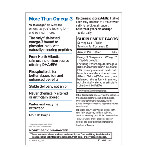 Terry Naturally Vectomega® (Tablets) Salmon Omega-3 EPA/DHA Healthy Heart, Brain, Eyes, Mood, & Focus* - 60 Capsules