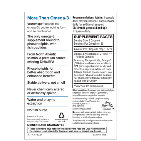 Terry Naturally Vectomega® (Capsules) Salmon Omega-3 EPA/DHA  Healthy Heart, Brain, Eyes, Mood, and Focus*