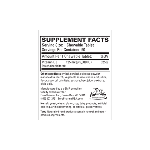 Terry Naturally Vitamin D3 - Bone Health & Bone Strength Support Supplement - Immune System & Brain Support - 5,000 IU Vitamin D Tablets with Mixed Berry Flavor - 90 Chewable Tablets