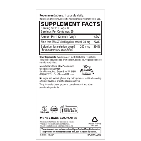 Terry Naturally Zinc Plus Selenium - Immune & Respiratory Health Supplement - Mineral Supplement with Zinc Bisglycinate Chelate - Formula with Selenium for Cellular Health Support - 60 Capsules