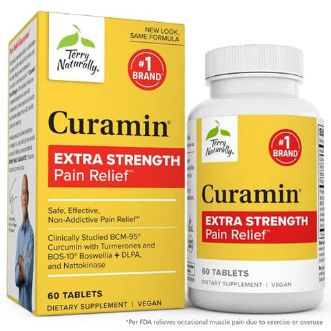 Terry Naturally Curamin Extra Strength - 120 Tablets - Non-Addictive Pain Relief Supplement with Curcumin, Boswellia, DLPA & Nattokinase - Non-GMO, Vegan - 40 Servings (Package May Vary)