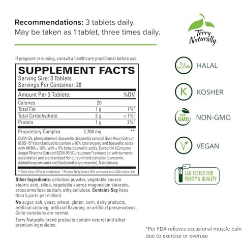 Terry Naturally Curamin Extra Strength - 120 Tablets - Non-Addictive Pain Relief Supplement with Curcumin, Boswellia, DLPA & Nattokinase - Non-GMO, Vegan - 40 Servings (Package May Vary)