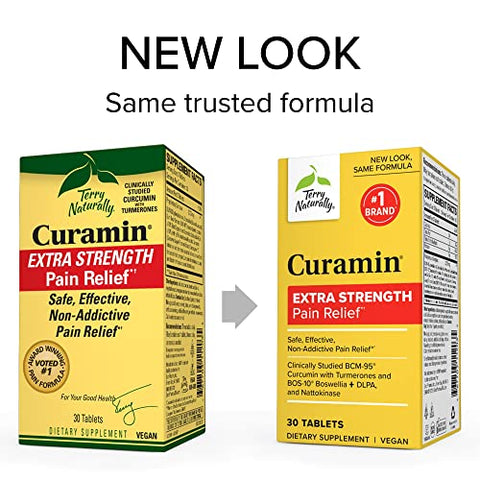 Terry Naturally Curamin Extra Strength - 120 Tablets - Non-Addictive Pain Relief Supplement with Curcumin, Boswellia, DLPA & Nattokinase - Non-GMO, Vegan - 40 Servings (Package May Vary)