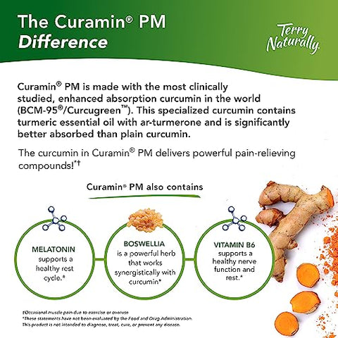 Terry Naturally Curamin PM - 60 Capsules - Non-Habit Forming Nighttime Pain Relief Supplement, Contains Curcumin & Melatonin - Non-GMO, Gluten Free, Kosher - 30 Servings