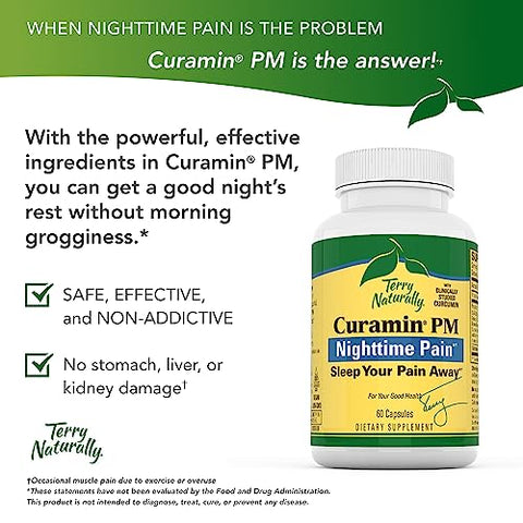 Terry Naturally Curamin PM - 60 Capsules - Non-Habit Forming Nighttime Pain Relief Supplement, Contains Curcumin & Melatonin - Non-GMO, Gluten Free, Kosher - 30 Servings