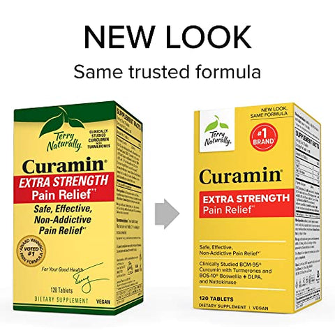 Terry Naturally Curamin Extra Strength - 120 Tablets - Non-Addictive Pain Relief Supplement with Curcumin, Boswellia, DLPA & Nattokinase - Non-GMO, Vegan - 40 Servings (Package May Vary)