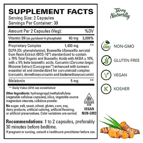 Terry Naturally Curamin PM - 60 Capsules - Non-Habit Forming Nighttime Pain Relief Supplement, Contains Curcumin & Melatonin - Non-GMO, Gluten Free, Kosher - 30 Servings